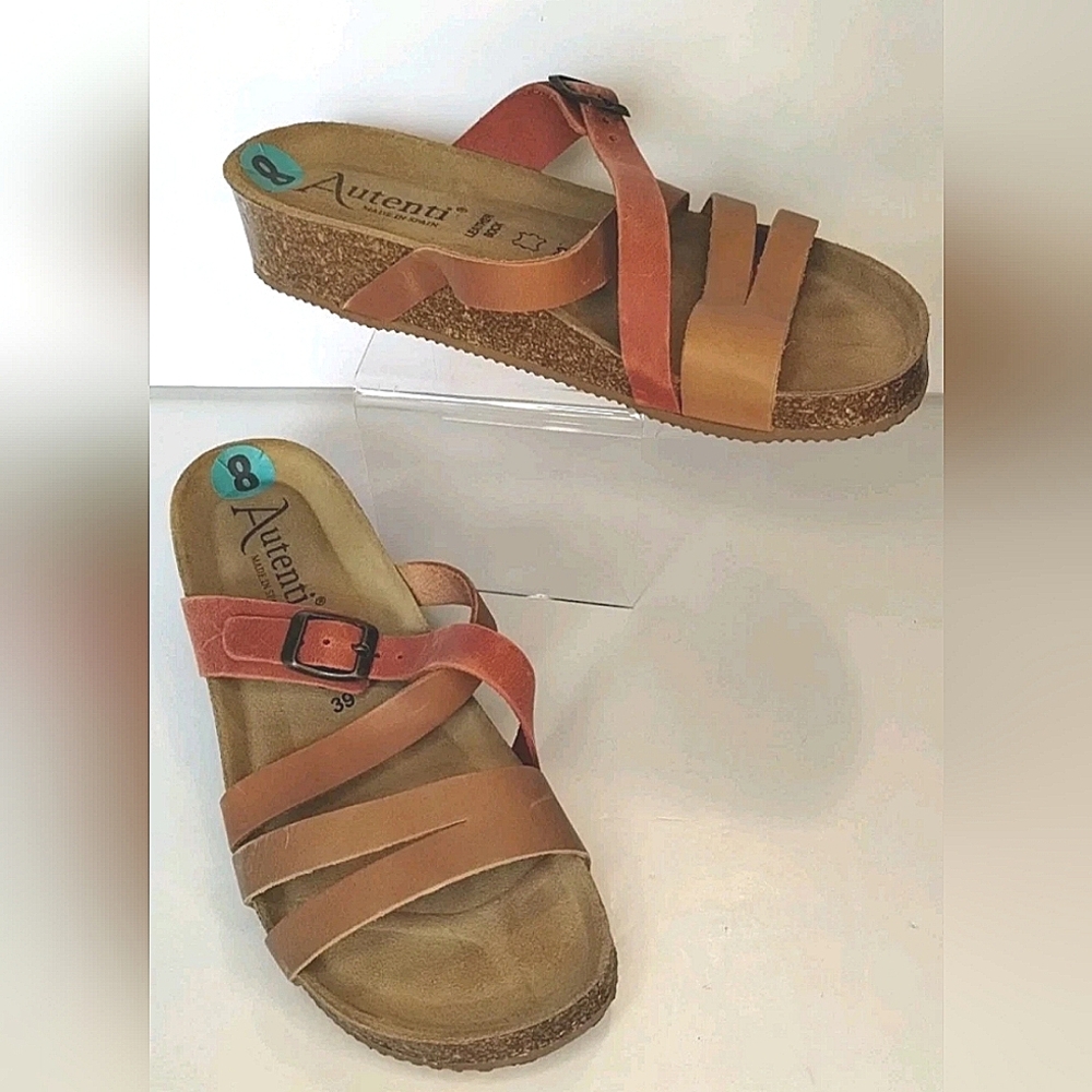 Autenti Womens Strappy Buckle Flatform Sandals Leather Tan Terracotta Sz 39 8.5